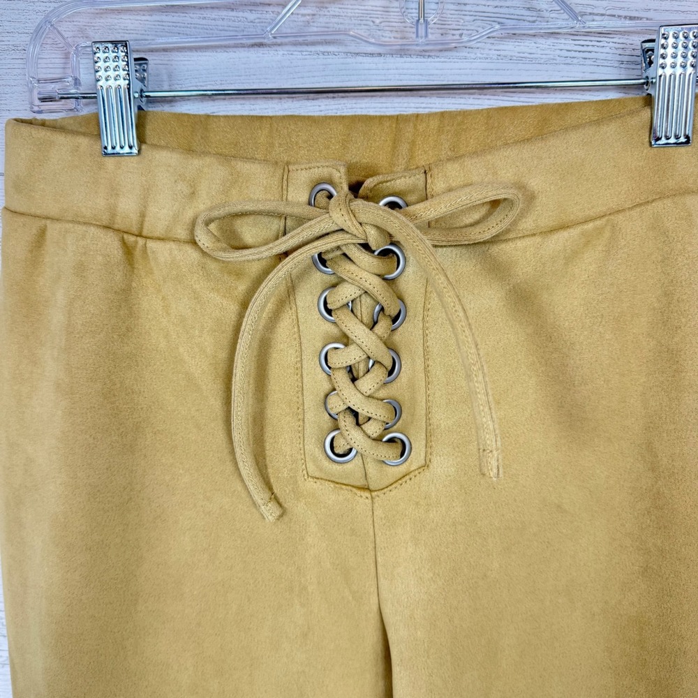 Y2K Forever 21 Lace Up Flare Pants Mustard Faux Suede Festival Boho Large indie - Picture 10 of 13